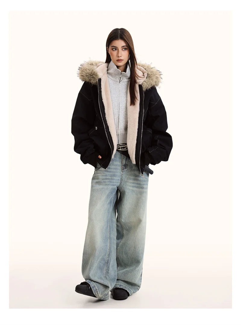 ZAROY Fur Collar Hooded Parkas Y2k Harajuku Thicken Padded Jackets Casual Zipper Gothic Women&Men Winter Coats Streetwear кур Pi-Mart