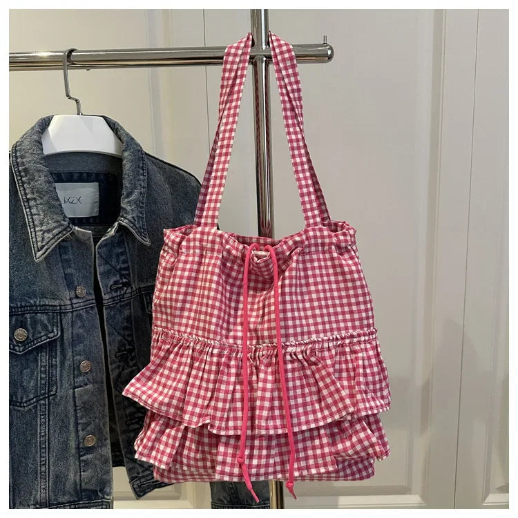 Large Capaci Cute Plaid Cotton Tote Bag  Lace Trim Women's Summer 2025 Simple Lady Handbag Soft Shoulder Bags Bolsa Feminina Pi-Mart