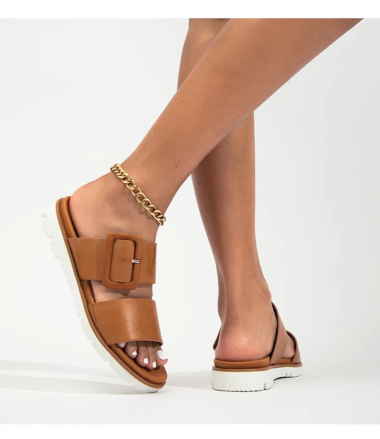 Adjustable Square Buckle Women Slide Sandals Two Strap Platform Slippers Low Heel Soft Sole Summer Open Toe Walking Casual Shoes Pi-Mart