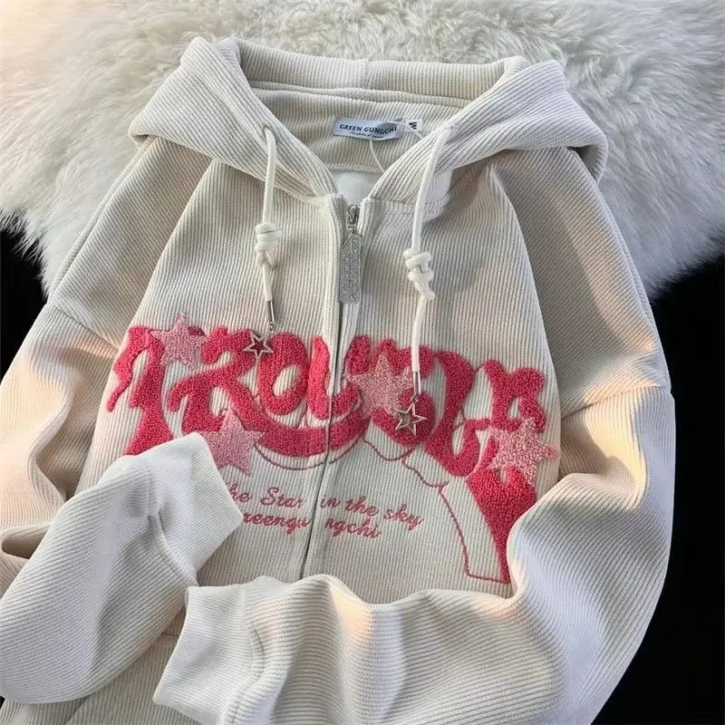 Fashion Embroidery Zip Up Hoodies Women Autumn Long Sleeve Tops Loose Hood Shirt Harajuku Y2K Clothes Female Sweatshirt Jacket LadyShow.Store