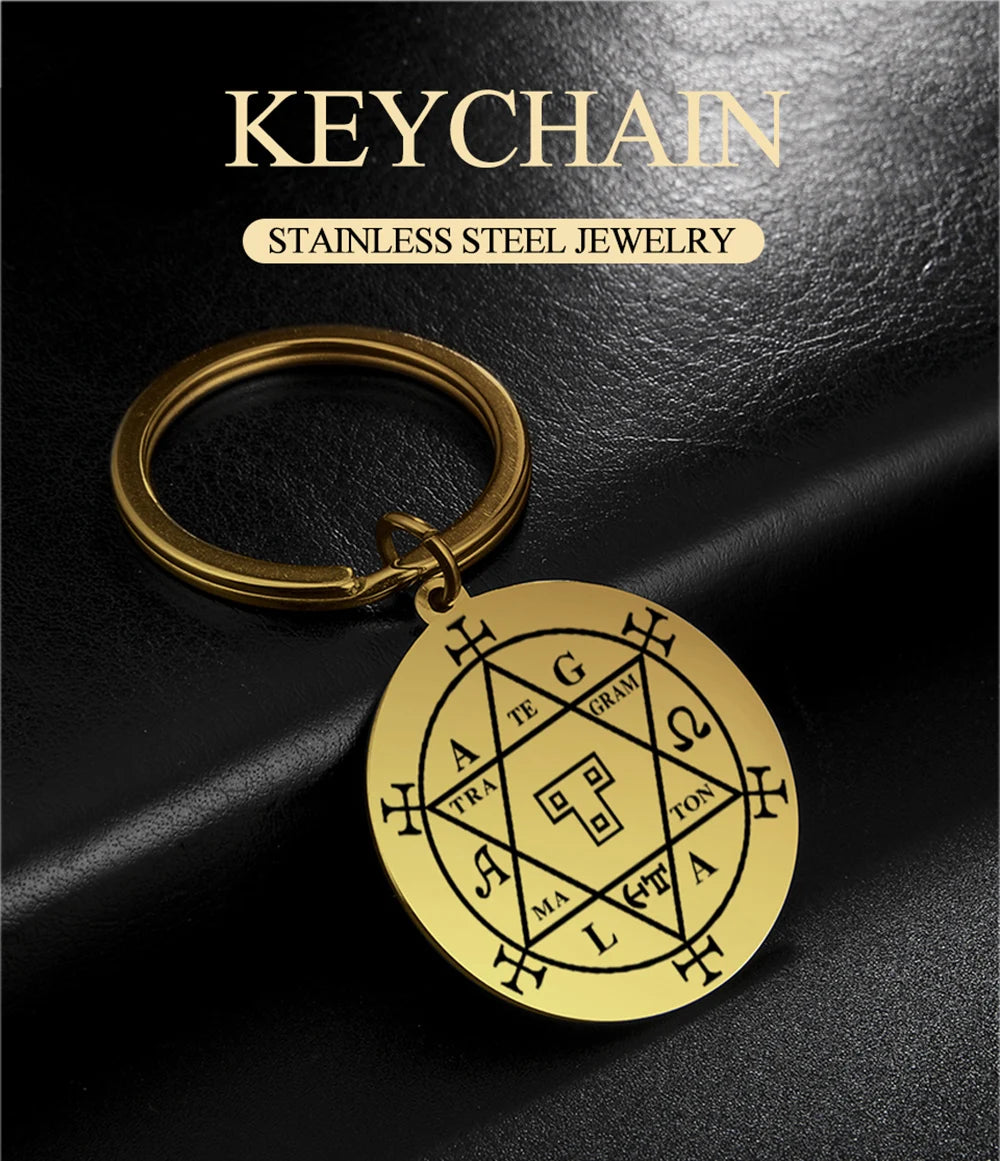 Dawapara Protection Secret Seal of Solomon Pendant Keychain Witchcraft Hexagram Wealth Fortune Amulet Stainless Steel Jewelry Pi-Mart