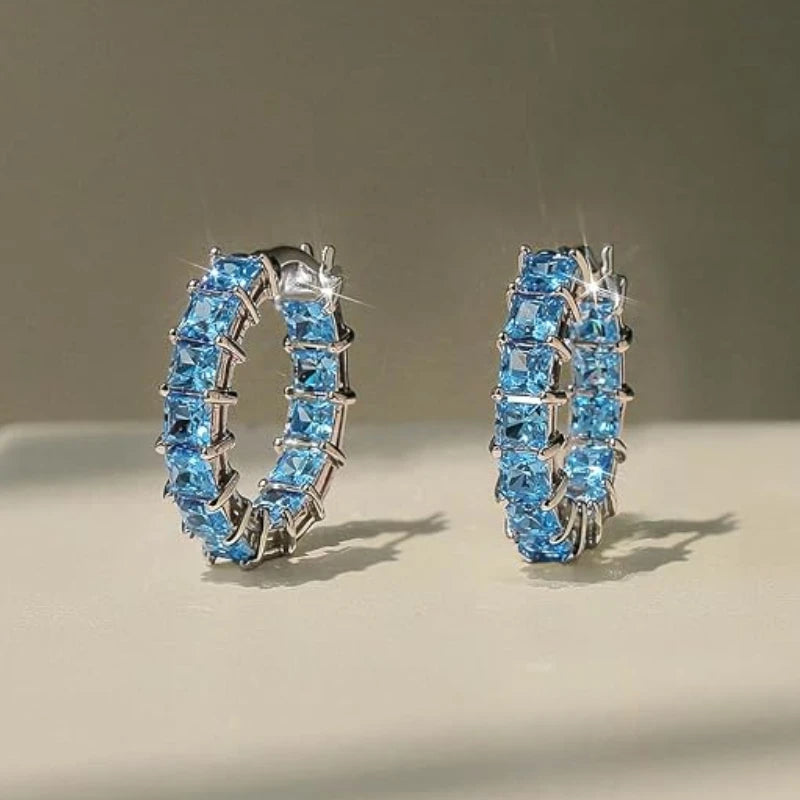 Huitan Princess Square Cubic Zirconia Hoop Earrings Luxury Trendy Ear Circle Earrings for Women Fashion Versatile Female Jewelry Pi-Mart