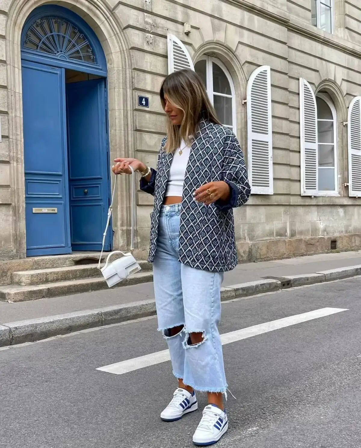 Autumn Winter Blue Geometric Plaid Print V Collar Quilted Coat Ethnic Women Long Sleeve Oversized Jackets Loose Outwear LadyShow.Store