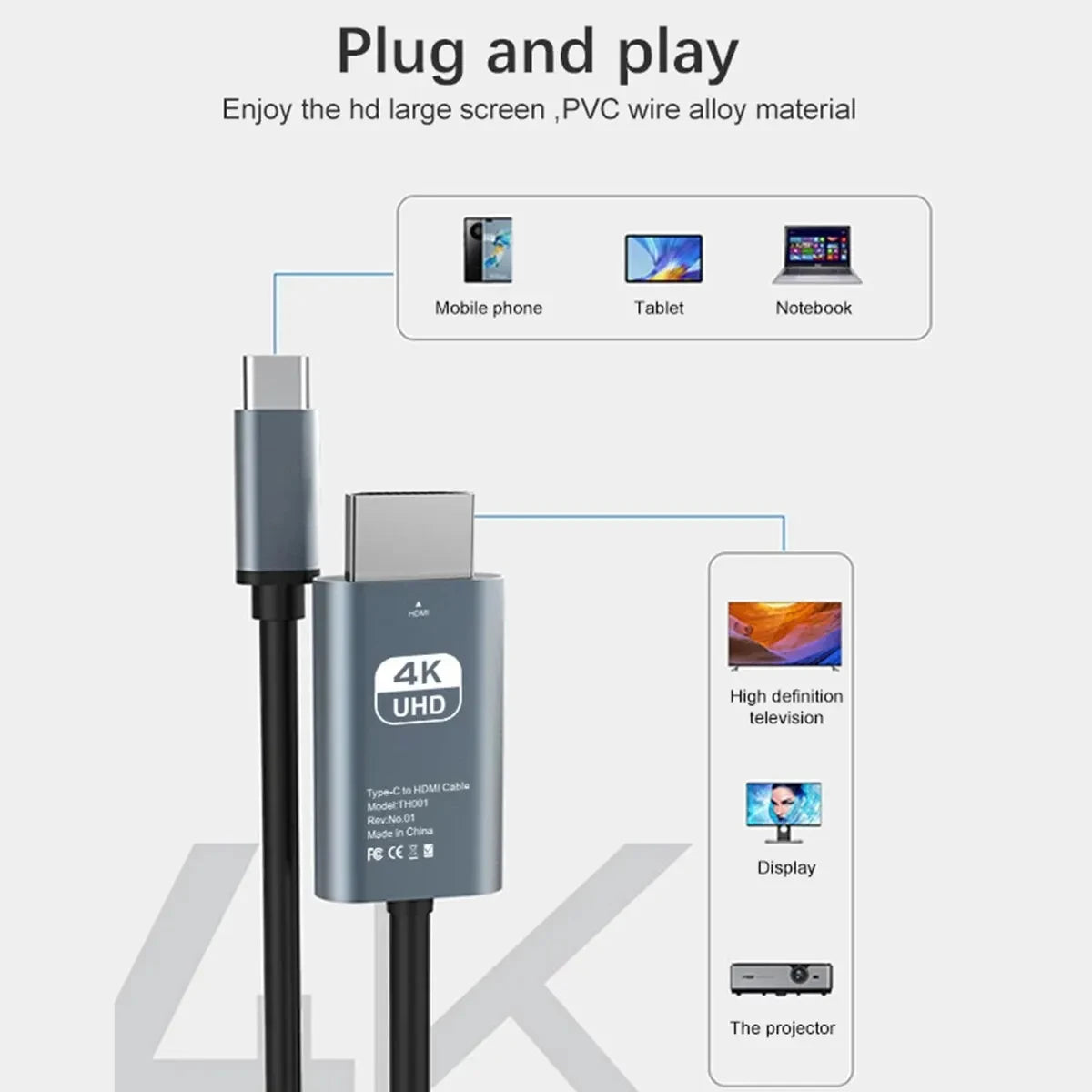 4K HD Video Conversion Cable Typec To Hdtv Same Screen Cable TV Computer 2 Meters Braided Screen Projection Cable Pi-Mart
