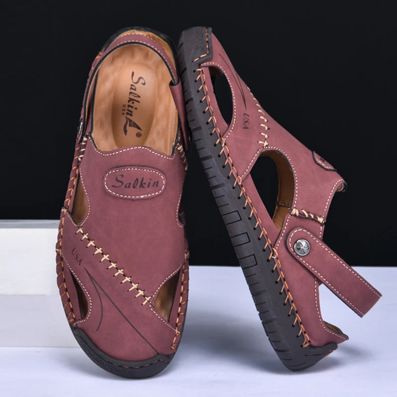 New Handmade Summer Sandals Men Breathable Leather Shoes Man Outdoor Men Sandals Antiskid Beach Sandals Hollow Shoes Fashion Pi-Mart