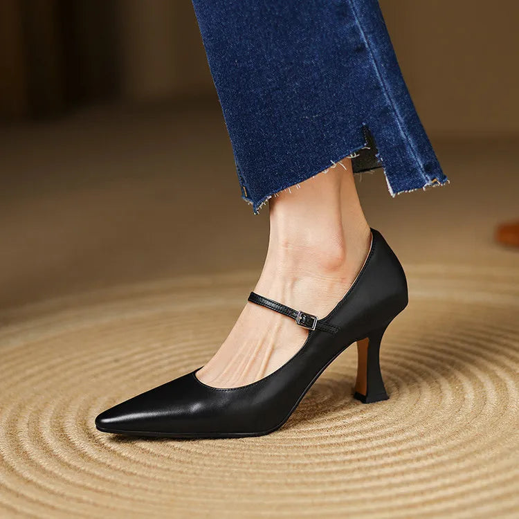 NEW Spring/Autumn Women Pumps Genuine Leather Shoes for Women Pointed Toe Thin Heel Shoes Shallow Buckle Strap Mary Janes Shoes Pi-Mart