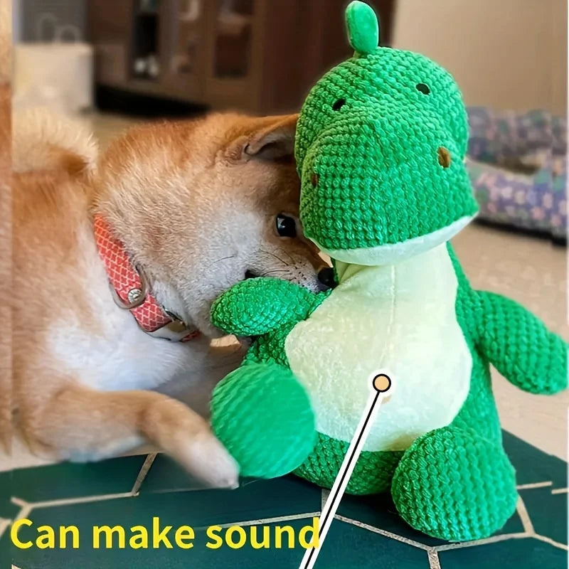 Green, Durable, Chewable Plush Dinosaur Dog Toy with Squeaks - An Interactive Pet Toy Suitable for Medium-Sized Dogs. Pi-Mart