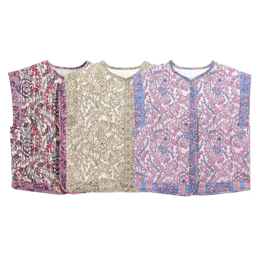 Zevity 2024 Women Vintage O Neck Patchwork Floral Print Quilted Cotton Vest Jacket Female Sleeveless Cotton WaistCoat Tops CT332 LadyShow.Store