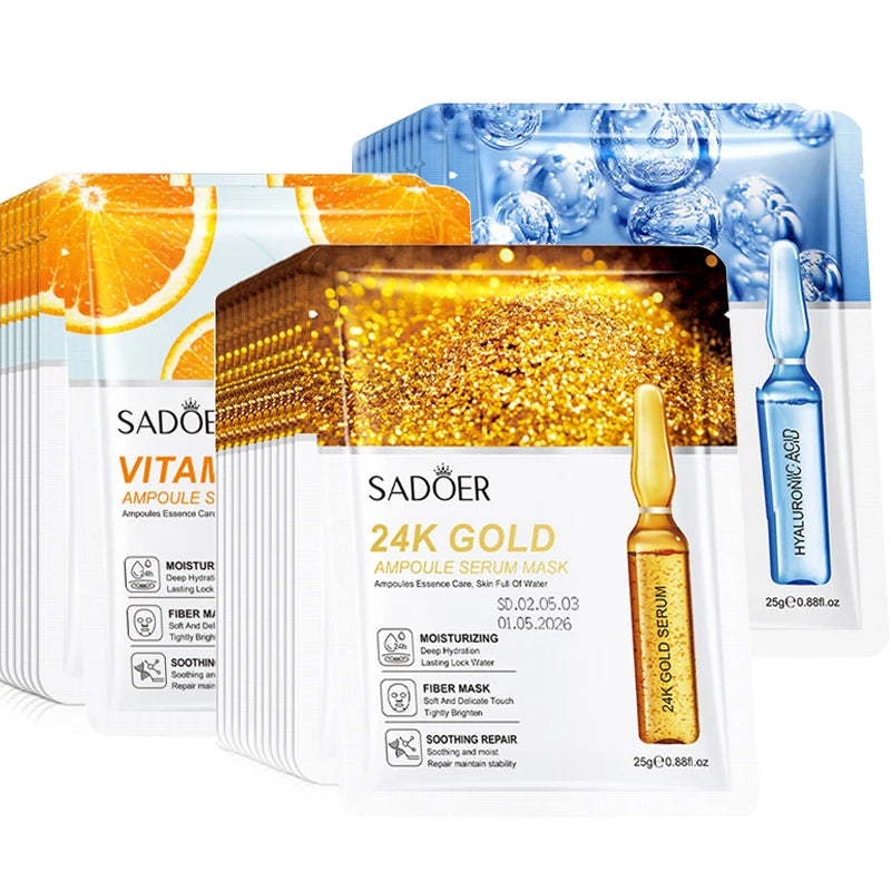 10pcs SADOER 24K Gold Vitamin C Hyaluronic Acid Face Mask Facial Moisturizing Firming Hydrating Facial Masks Skin Care Products Pi-Mart