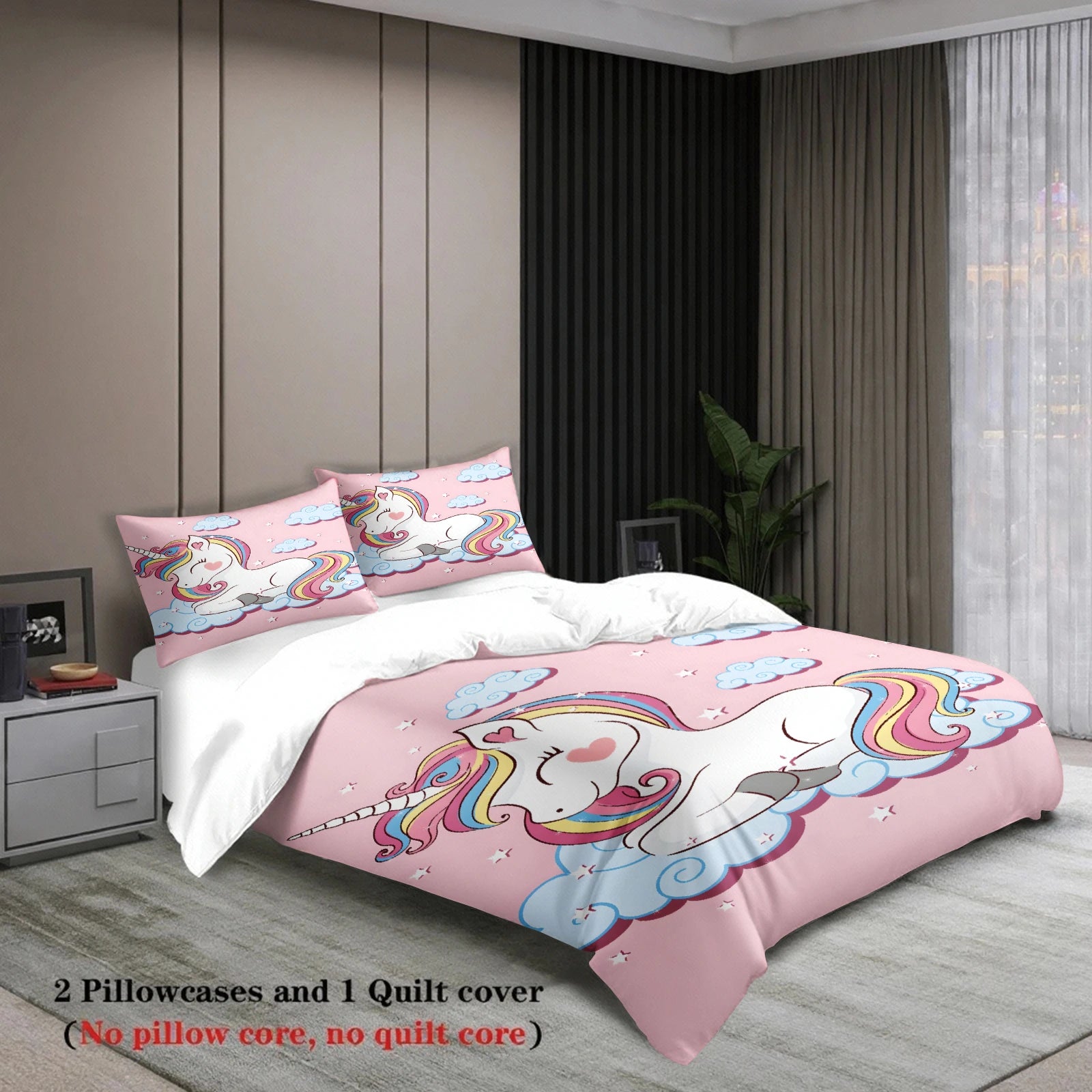 Cute Rainbow Unicorn Duvet Cover Set Pink Cloud Star Bedding For Kids Girls Bedroom Twin Queen King Size With 2 Pillowcases Pi-Mart