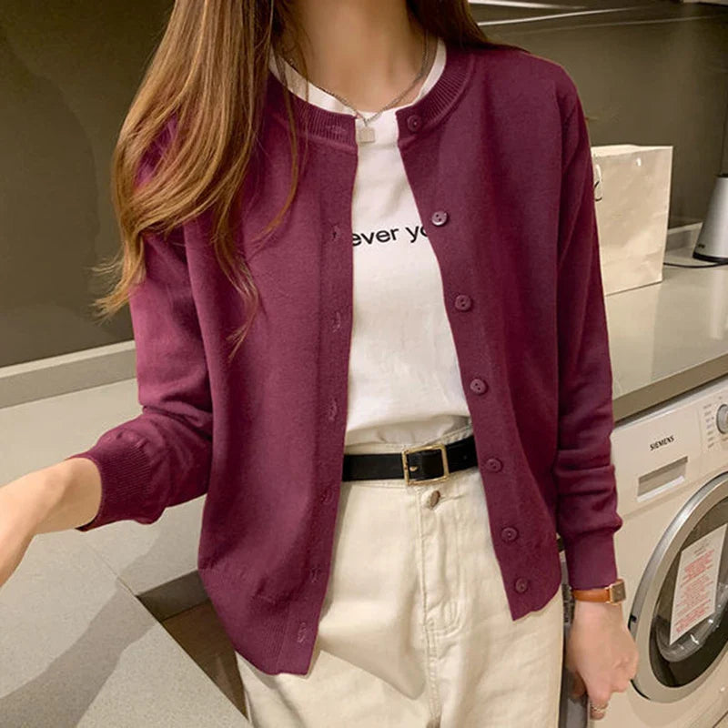 Rimocy Knitted Cardigan Jacket Women 2025 Spring Autumn Round Neck Casual Cardigans Woman Solid Color Slim Korean Jumpers Female LadyShow.Store