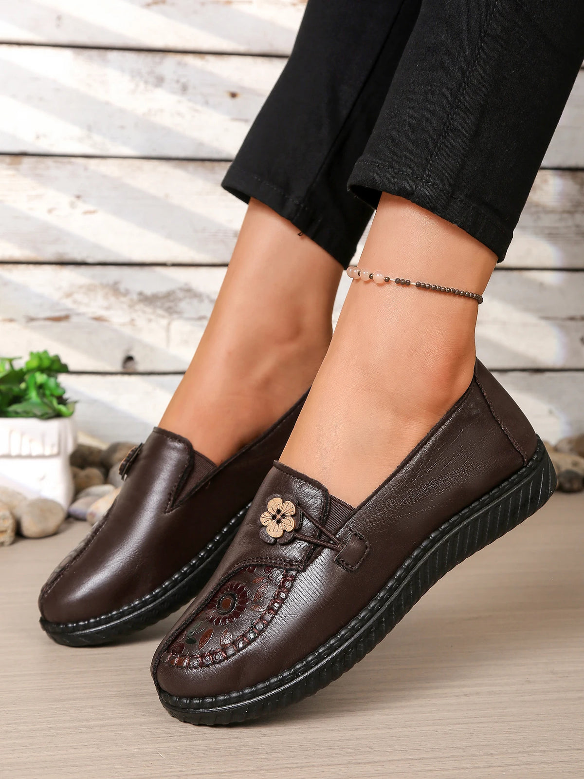 Women's Spring Autumn Leather Loafers Floral Embossed Slip‑On Flats Anti‑Slip Comfort Casual Mom Daily Walking Free Shipping Pi-Mart
