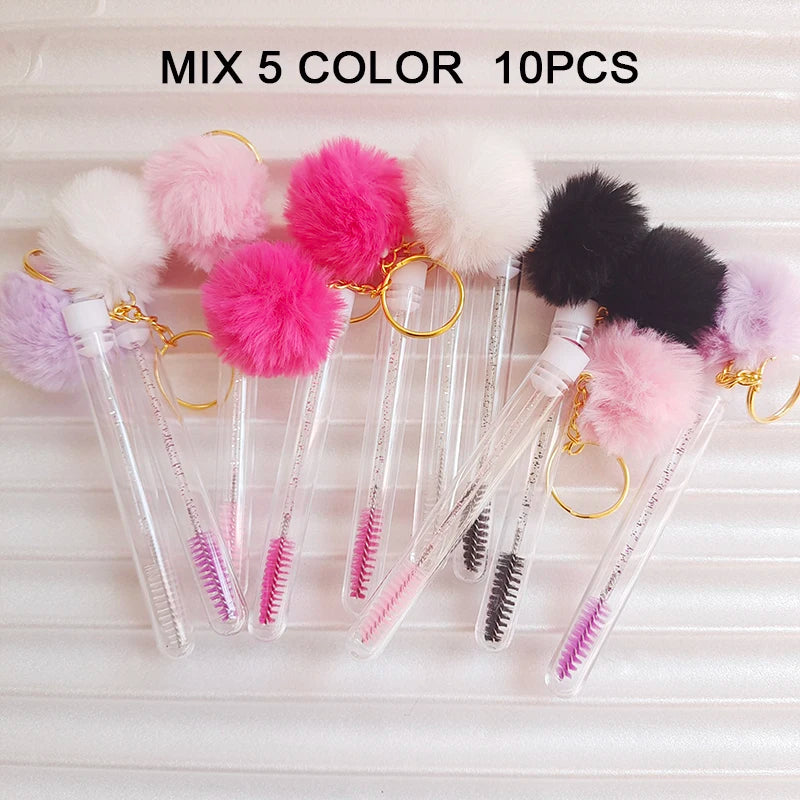 10pcs Eyelash Eyebrow Brush With Hairball Keychain Mascara Wand Reusable Lash Extension Clear Micro Comb Container Makeup Tool Pi-Mart