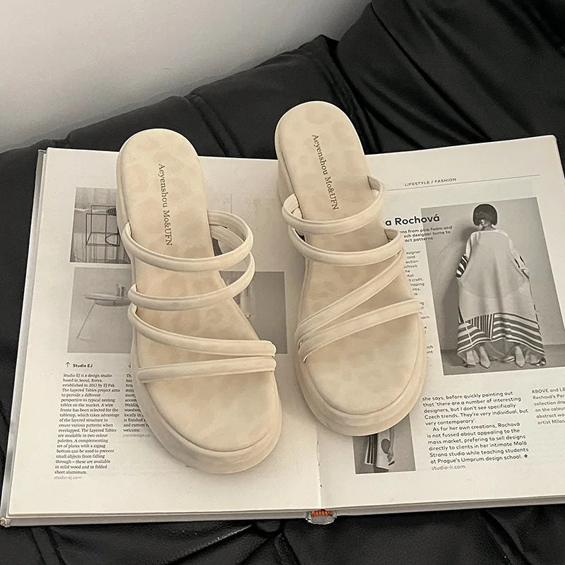 Summer Platform Heel Women Slippers Fashion Open Toe Narrow Band Slide Ladies Elegant Street Style Shoes Fashion Sandals Slides LadyShow.Store