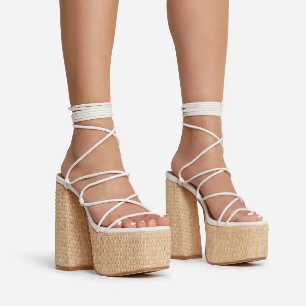 Woven Platform Lace Up Strappy Sandals Block Heel Open Toe Solid Color Sexy Roman Style Women Shoes Summer 2026 New Arrivals Pi-Mart