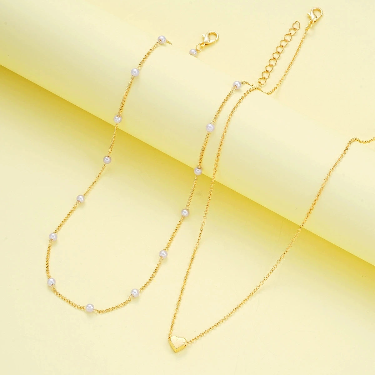 Fashion Imitation Pearl Heart Jewelry Set For Women Gold Silver Color Round Beads Necklace Bracelet Set Daily Wear Accessories Pi-Mart