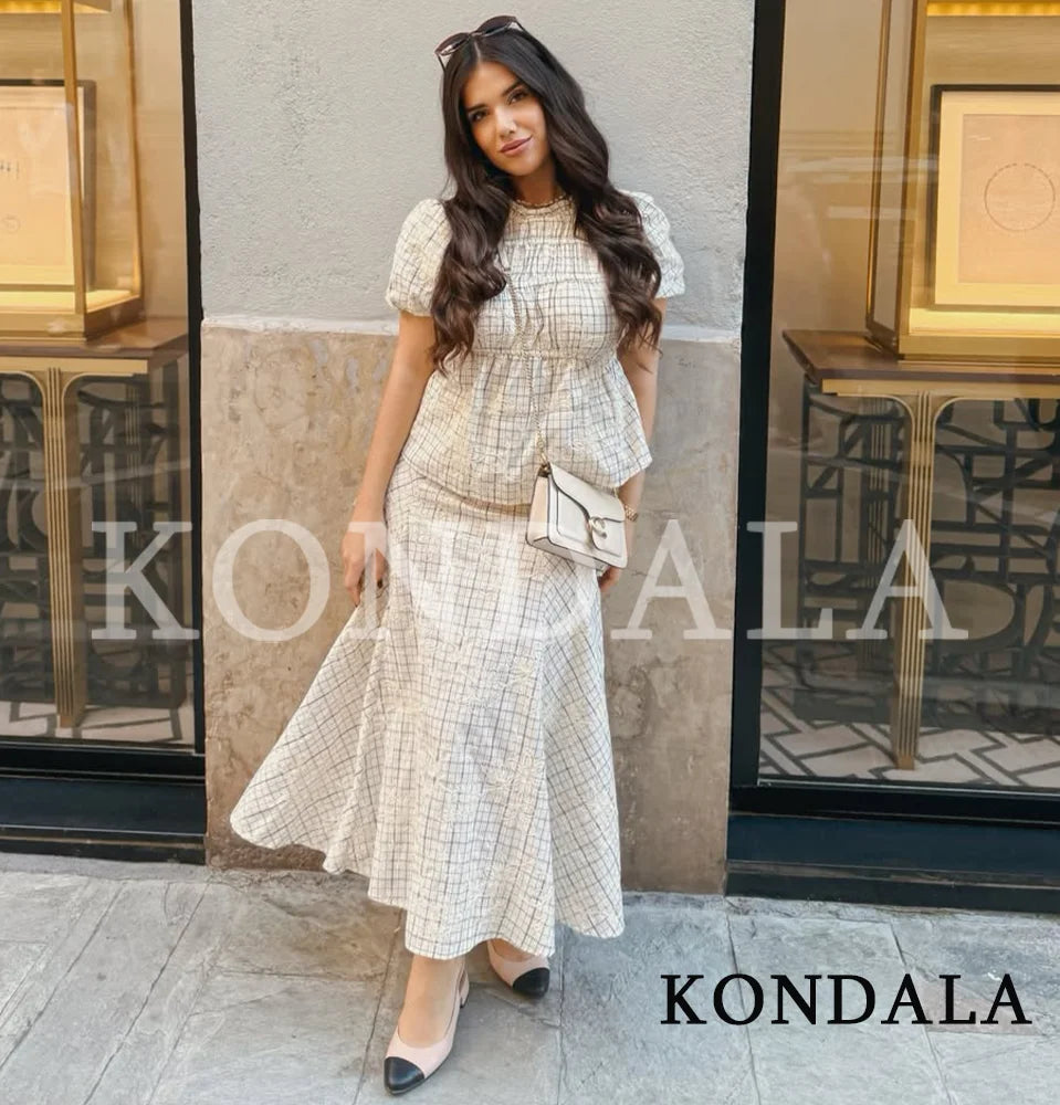KONDALA Chic Embroidery Plaid Skirt Set Women Trendy 2026 Spring Summer Holidays Casual Set Puff Sleeve Shirts, A-Line Skirts Pi-Mart