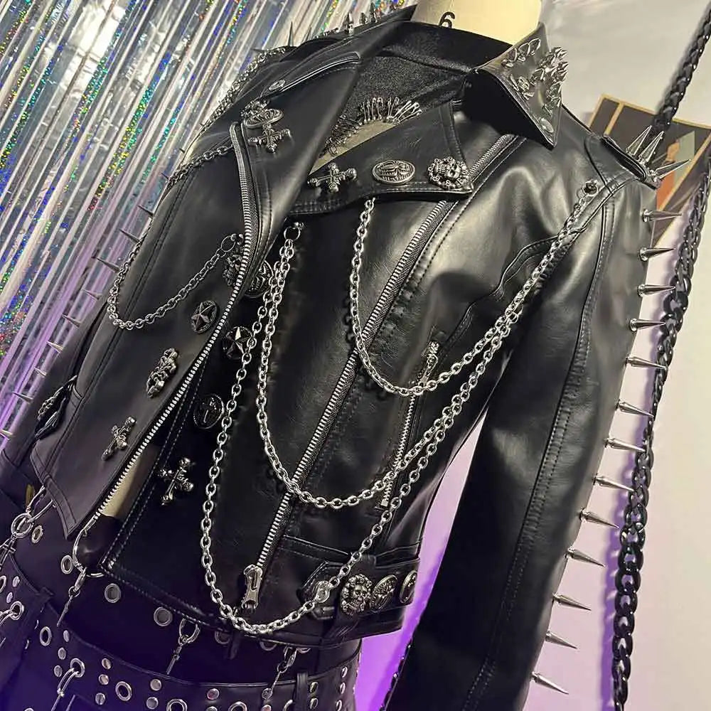 Gothic E-Girls Skull PU Leather Jacket Y2K Trendy Punk Rock Harajuku Chain Cross Street Wear Digital Glitch Core Club Goth Pi-Mart