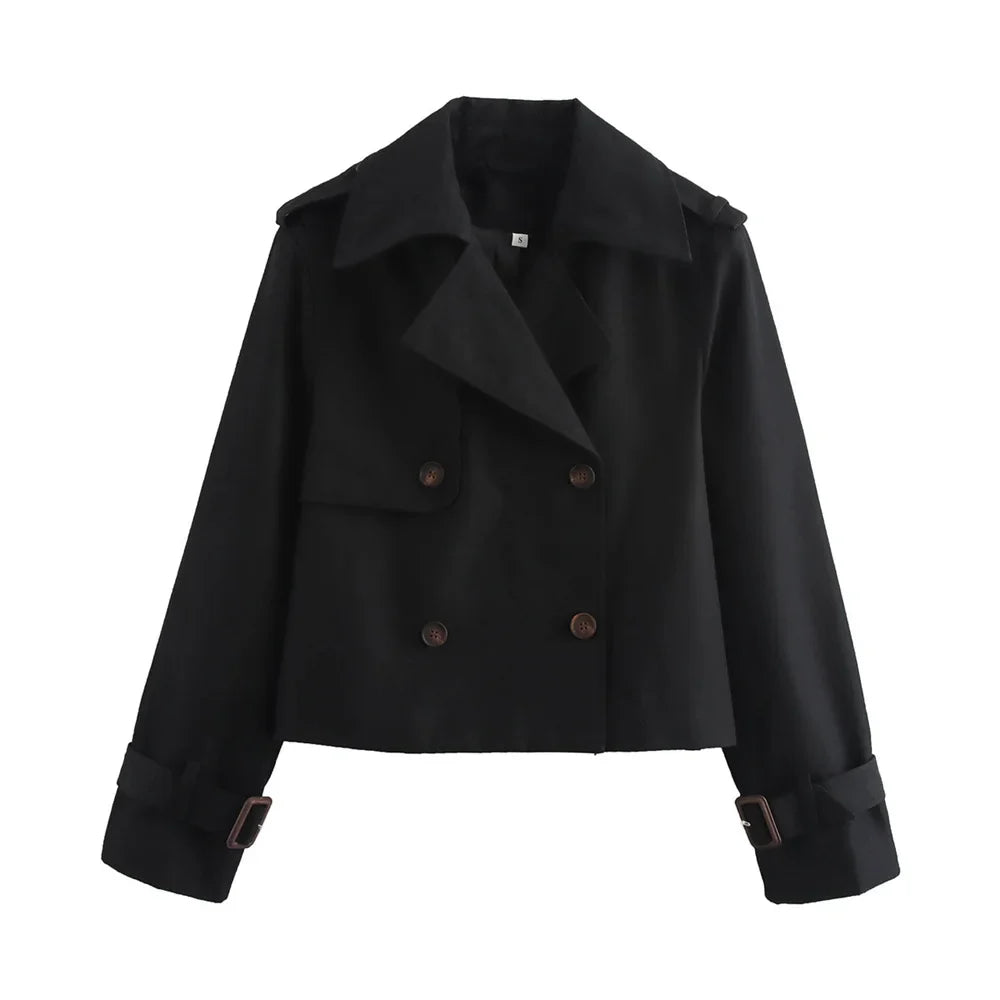 Ladies Vintage Cropped Trench Spring Autumn Jacket Women Streetwear Double Breasted Long Sleeve Top Female Chic Coat Outfits LadyShow.Store