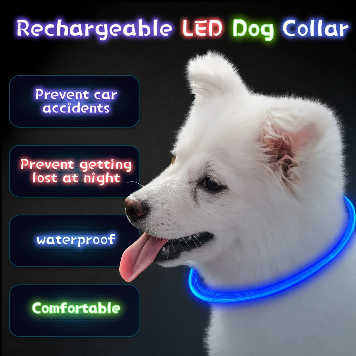 Pet Dog LED Light Collar Luminous Anti-Lost Dog Collar USB Rechargeable Dog Necklace Collar Pi-Mart