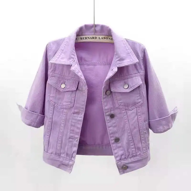 Women Denim Jacket Spring Autumn Short Coat Pink Jean Jackets Casual Tops Purple Yellow Purple Blue Loose Tops Lady Outerwear LadyShow.Store