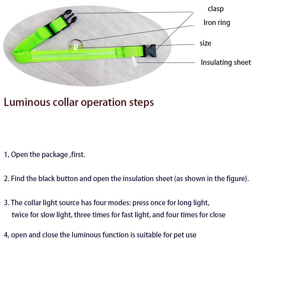 Nylon LED Night Safety Flashing Glow In The Dark Dog Leash Dogs Luminous Fluorescent Pet Dog Collar Pi-Mart
