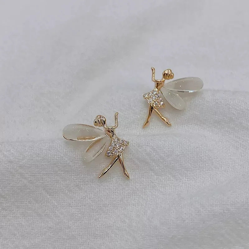 Trendy Girl Dancer Stud Earrings Crystal Acrylic Wings Angle Earrings for Women Korean Cute Sweet Jewelry Pi-Mart