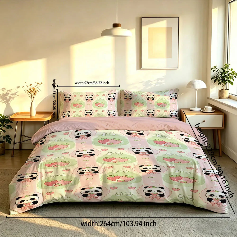 3pcs Cartoon Panda Print Coreless Duvet Cover Cool Summer Lightweight Bedding Set Multi Size Bedroom Bedding Decoration Pi-Mart