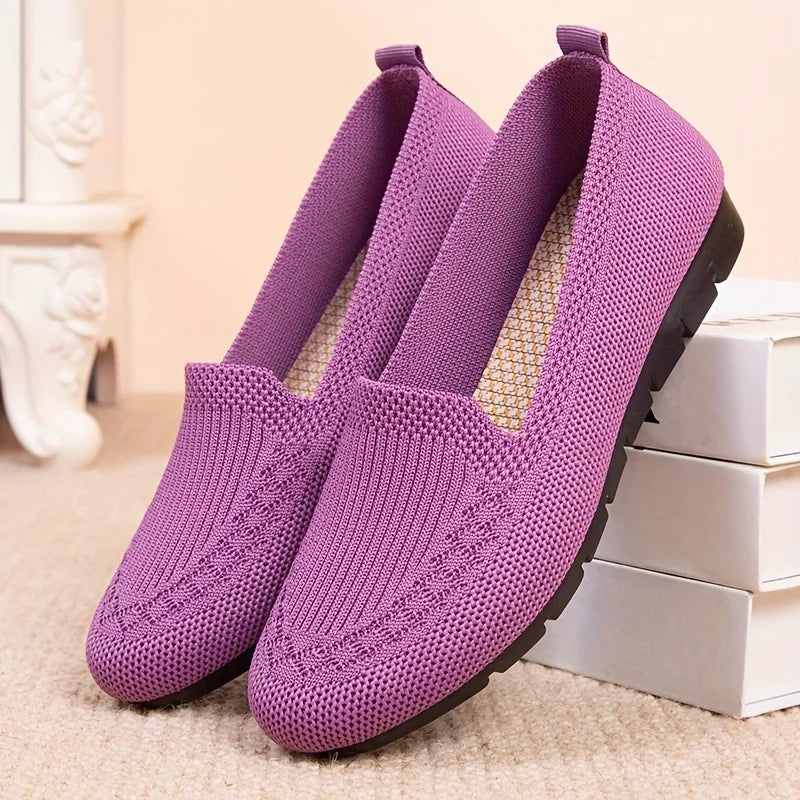 Women's Solid Color Knit Loafers Lightweight Anti Slip Flat Shoes for Casual Wear LadyShow.Store