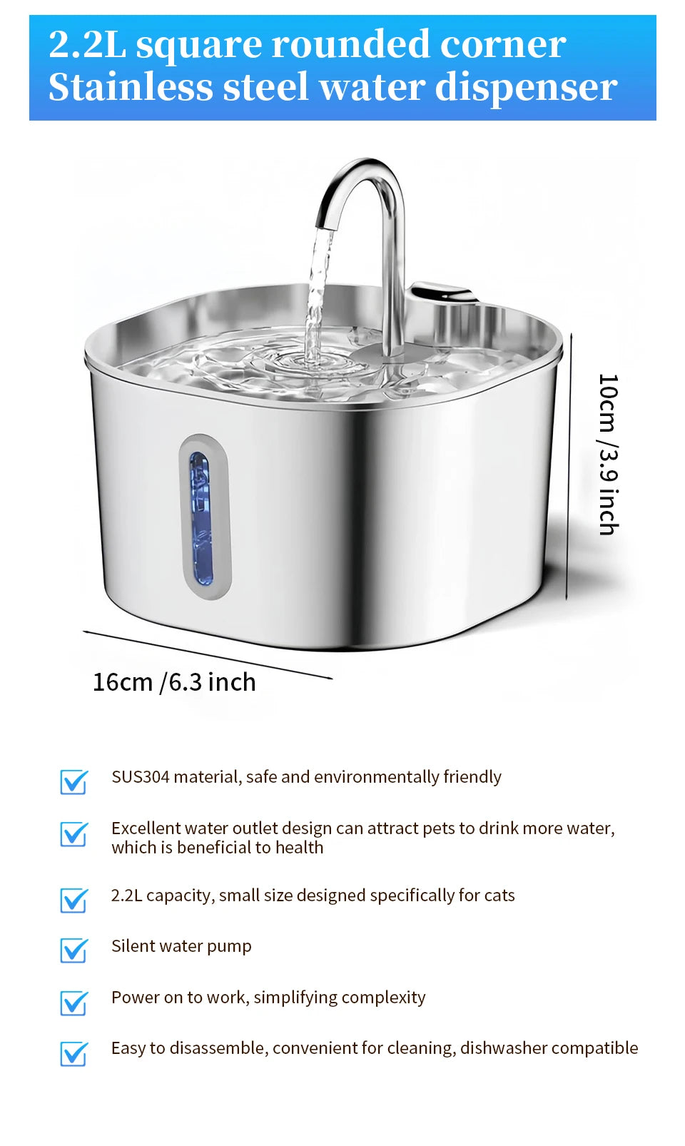 Large Capacity Cat Water Fountain Stainless Steel Automatic Pet Drinking Fountain for Indoor Cats Dogs Quiet Cat Water Dispener Pi-Mart