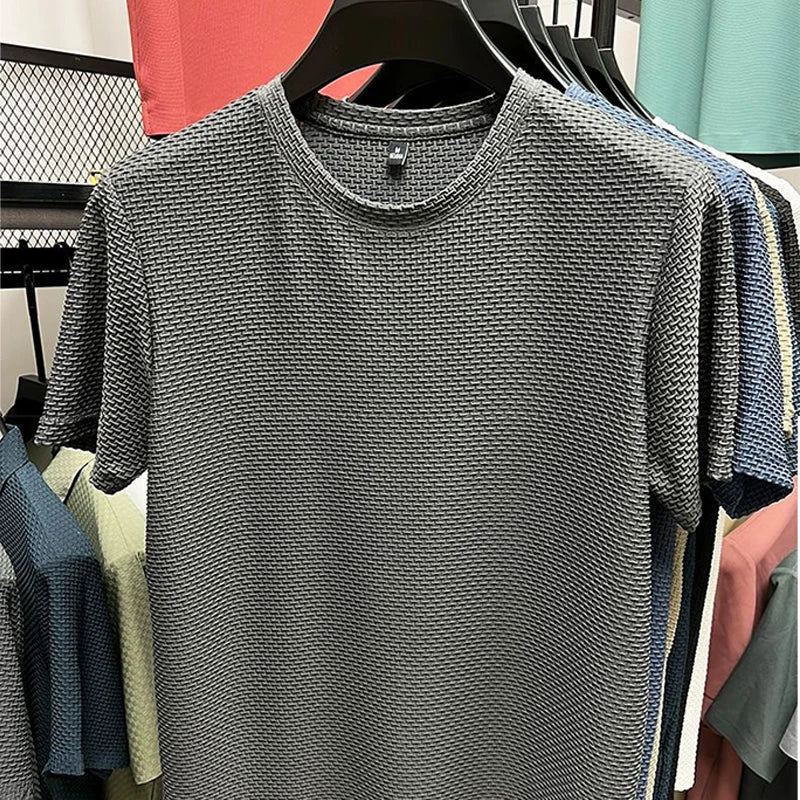 Men's Short Sleeve Mesh Bamboo Ice Silk T-shirt Casual Versatile Summer Elastic Slimming Top for Men Pi-Mart