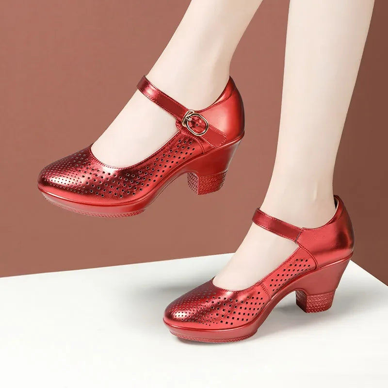 5.5cm 7.5cm Small Size 33 Breathable Cutout Block Heels Shoes Mary Janes 2026 Soft Leather Platform Pumps for Mom Dance Model Pi-Mart