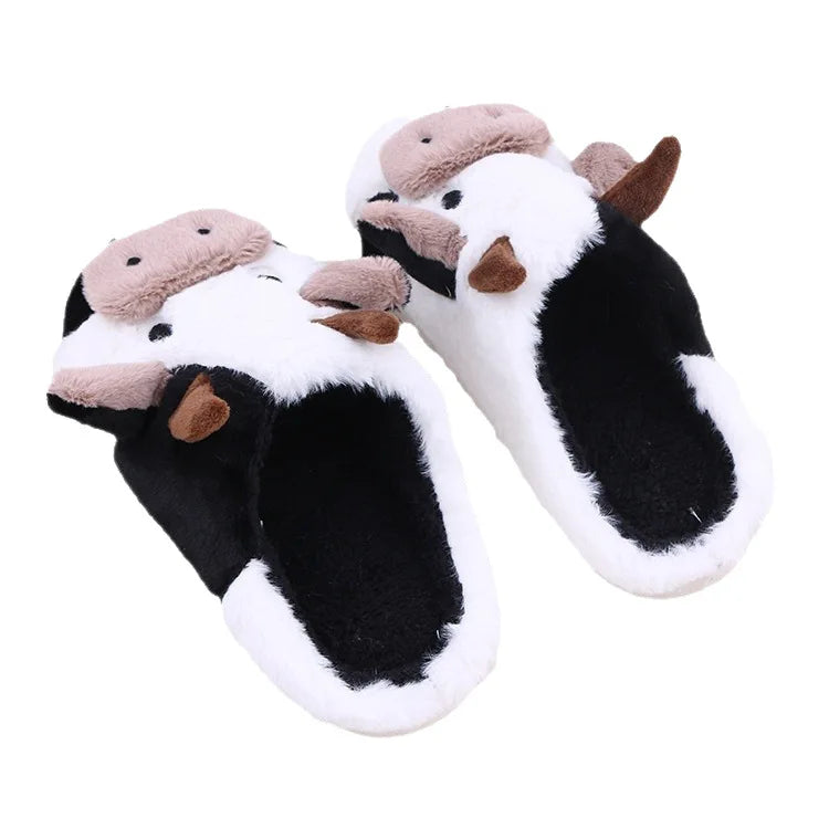 Winter Home Slippers for Couples Warm Plush Neutral Cartoon Cow Indoor Anti Slip Comfortable Cotton Slippers for Men and Women LadyShow.Store