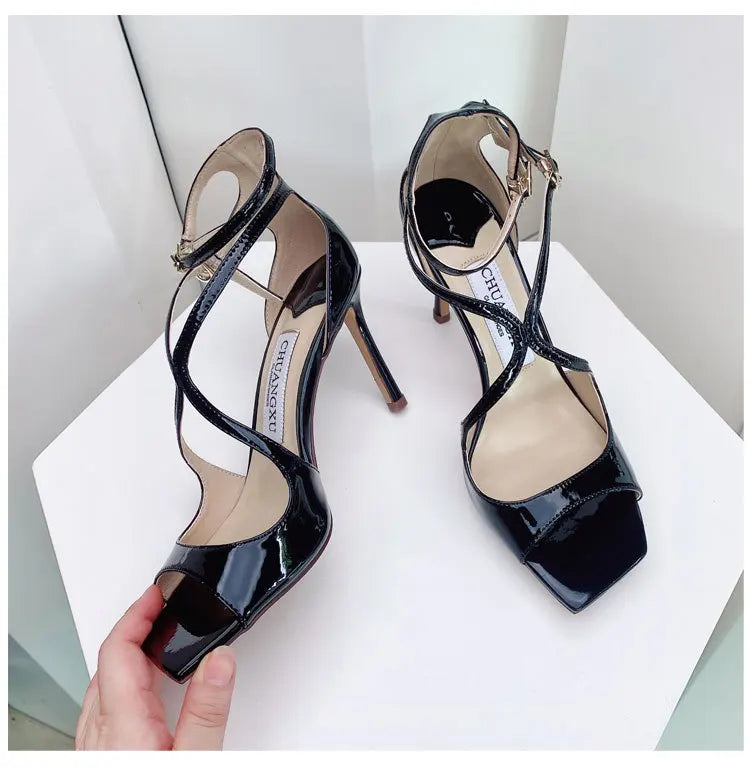 Luxury Sequined Women Gladiator Sandals Summer Designer Shoes for Women 2026 Square Head Hollow High Heels Fashion Ladies Shoes Pi-Mart
