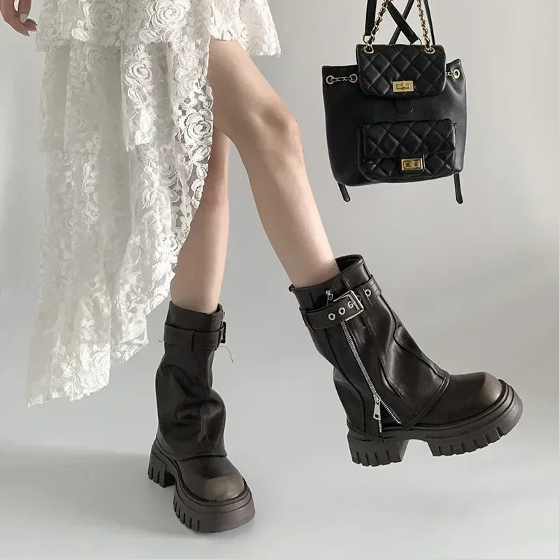 2025 Winter Women Biker Boots Fashion Belt Buckle Ladies Elegant Platform Long Pipe Booties Casual Women's Knee High Booties LadyShow.Store