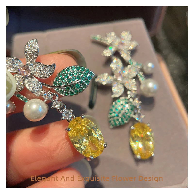 SUYU New Holiday Style Long Vintage Flower Earrings Female Leaf Yellowcrystal Forest Earrings Pi-Mart