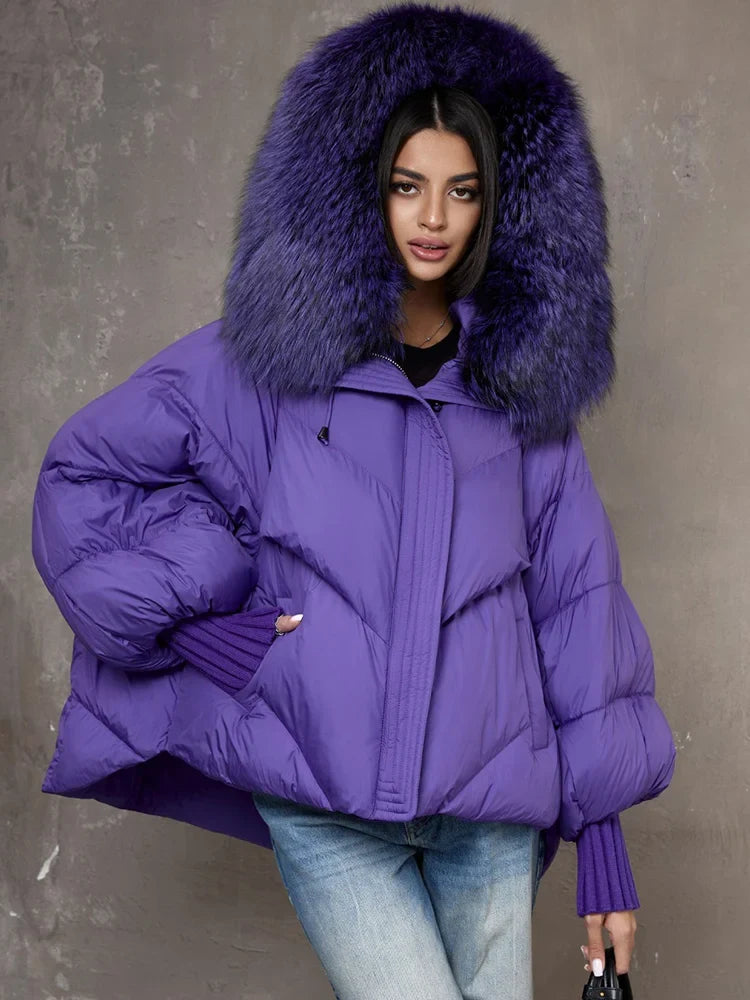 Women Winter Goose Down Jackets Real Fox Fur Collar Hooded Thick Natural Raccoon Fur Female Outwear Warm Loose Puffer Coats LadyShow.Store