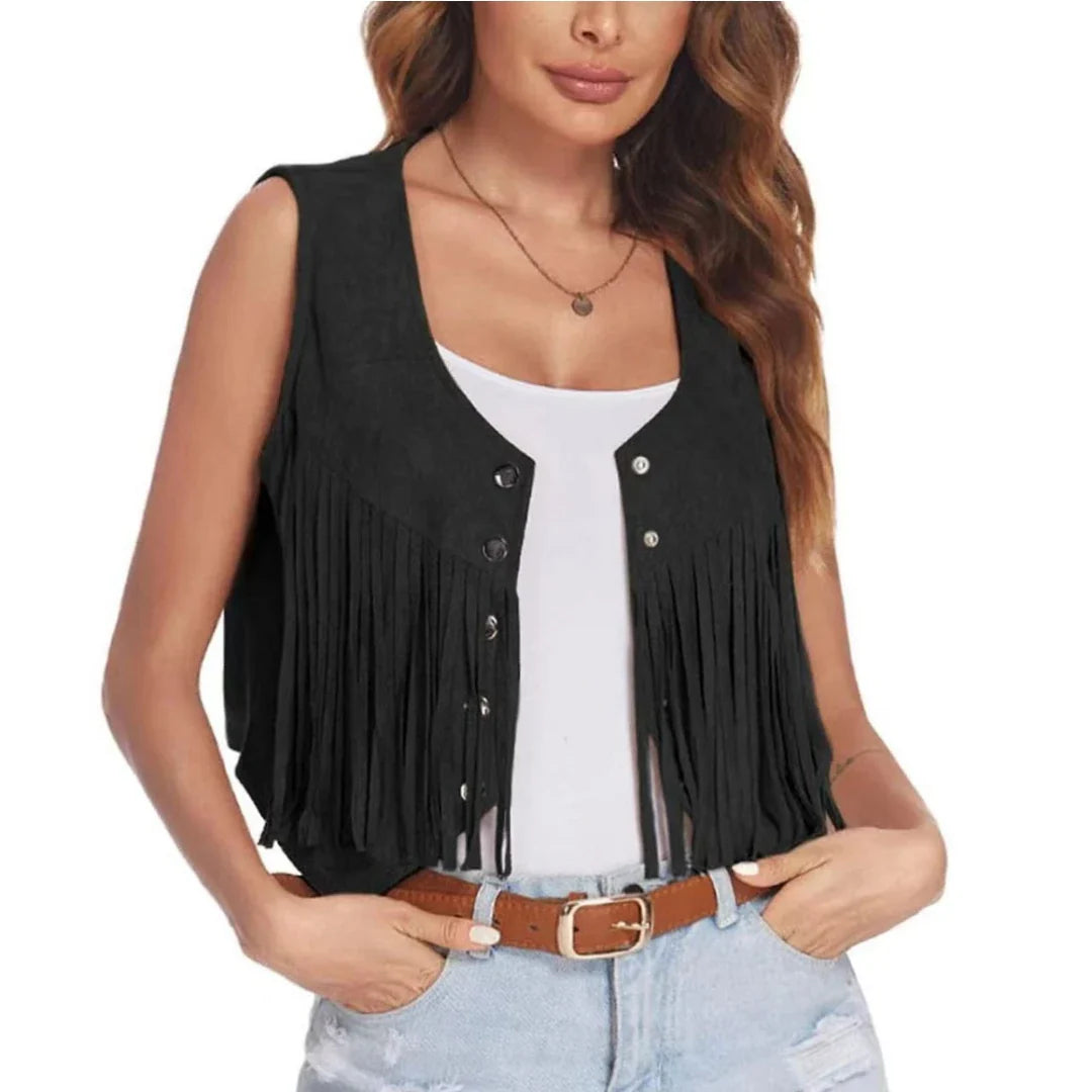 Women Faux Suede Ethnic Sleeveless For Jacket Rivet Fringe Tassels Hippie Open Front Cardigan Vintage Cowgirl Waistcoat Vest LadyShow.Store