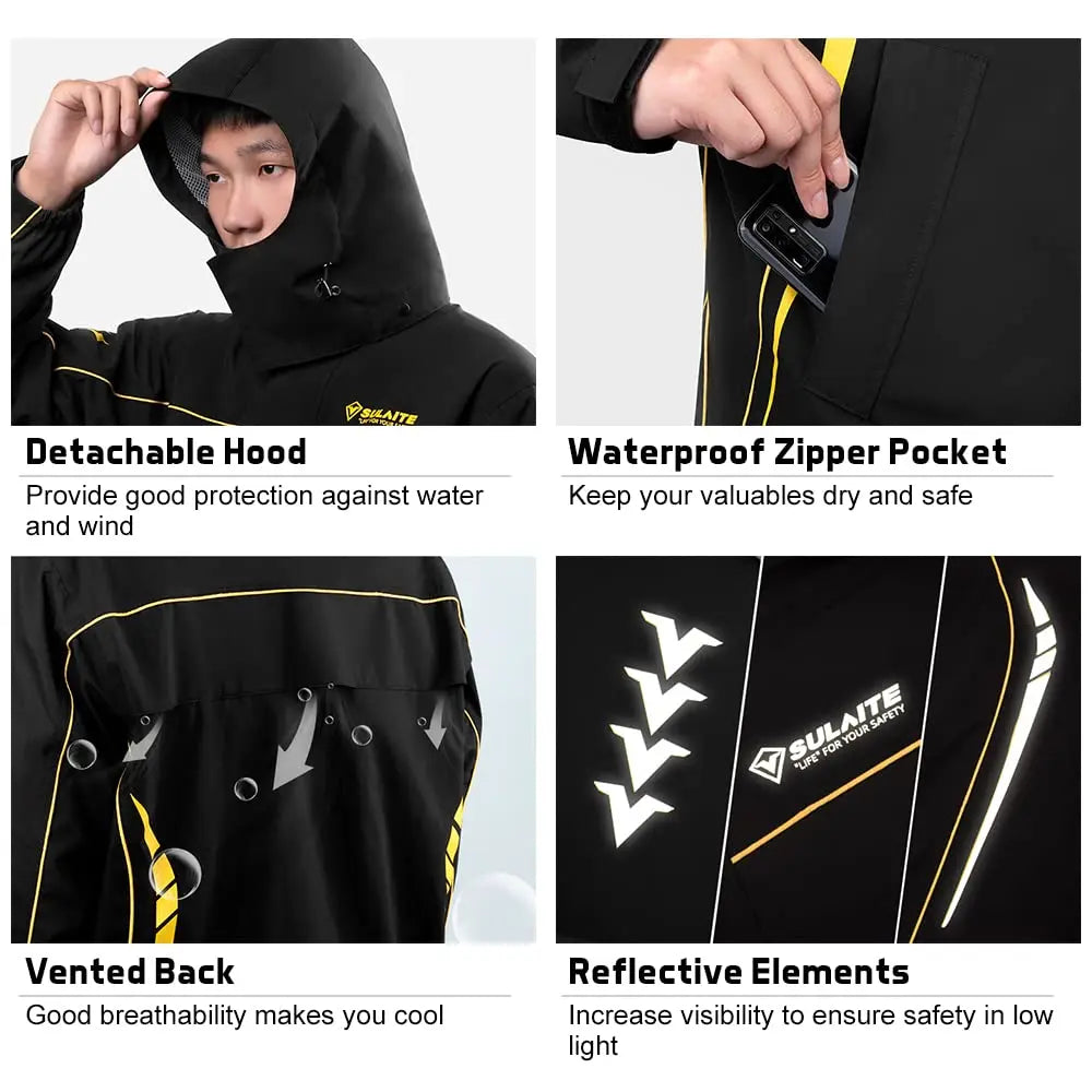 SULAITE Motorcycle Raincoat Suits Men Waterproof Rain Gear Rain Jacket Reflective Work Rain Coats Lightweight Hiking Rainsuit LadyShow.Store