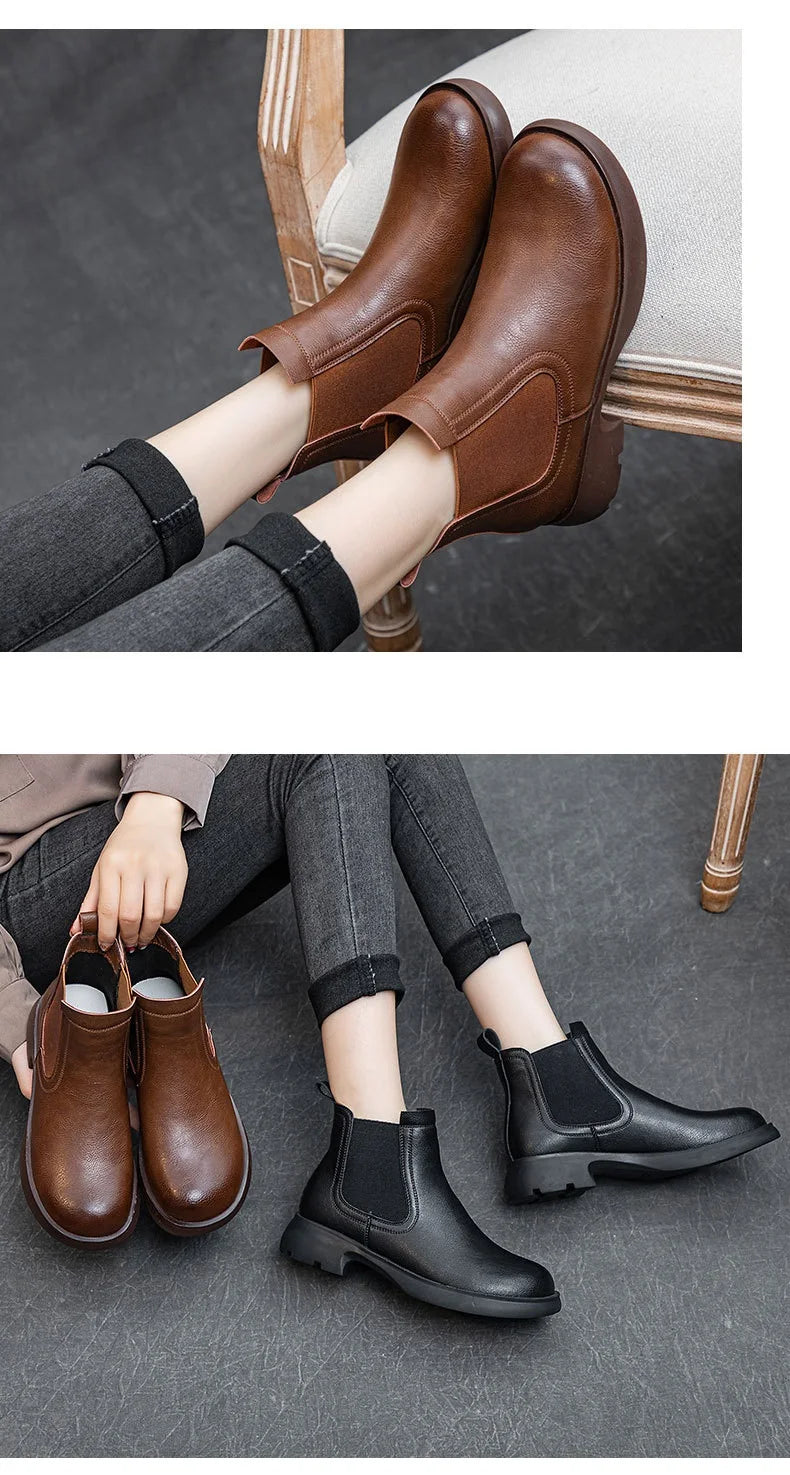 DRKANOL Fashion Women Thick Heel Ankle Boots Autumn Winter Warm Shoes Round Toe Real Cowhide British Style Slip On Chimney Boots Pi-Mart