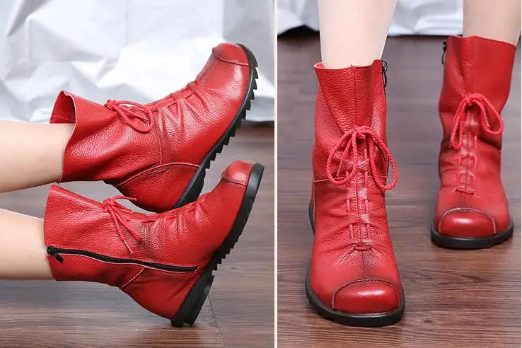 Genuine Leather Plush women's short Boots Retro Casual Autumn Winter Women Boots Waterproof warm Snow boots Plus Size 42 Pi-Mart