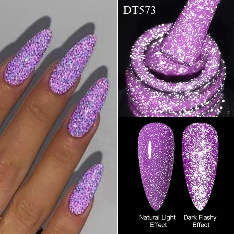 MEET ACROSS 7ml Pink Fluorescent Reflective Gel Nail Polish Glitter Neon Semi Permanent UV LED Gel Nail Art Varnish Manicure Tri Light Beauty
