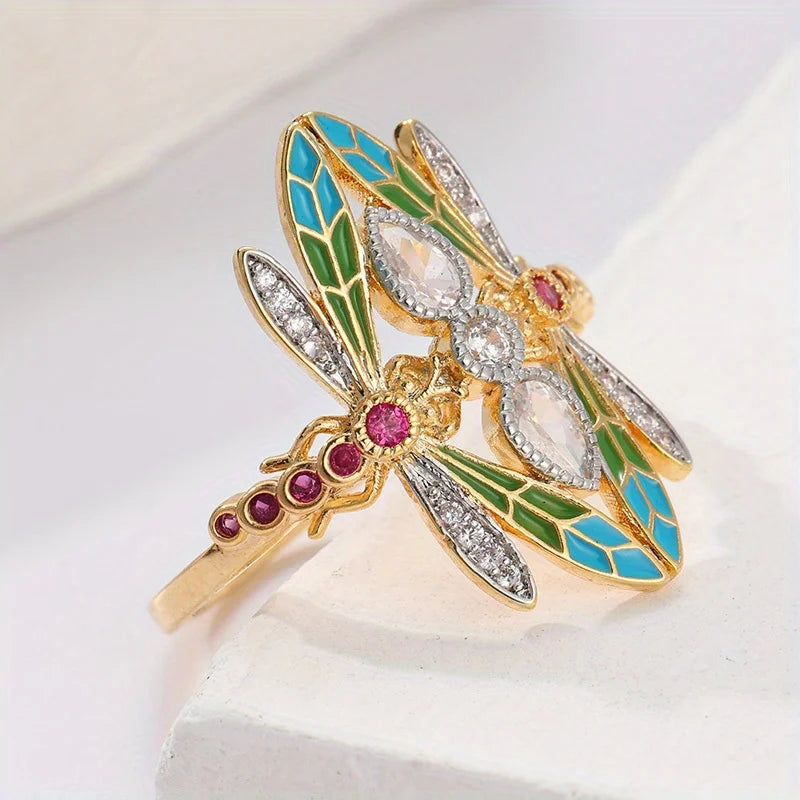 Gorgeous Vintage Insect Dragonfly Ring for Men Women Blue Cubic Synthetic Zirconia Party Jewelry Christmas Anniversary Gift Pi-Mart