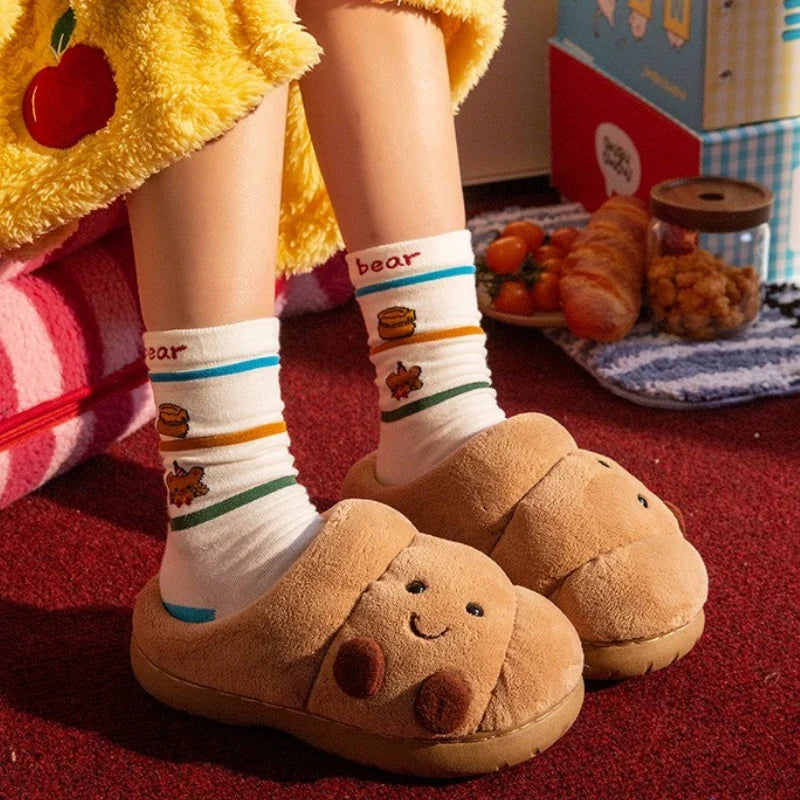 Cute Cartoon Fluffy Slippers For Women Men Winter House Shoes Furry Croissant Bread Style Anti-slip Couples Home Cotton Slides LadyShow.Store