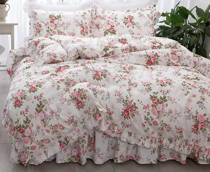 Garden Flower Print King Size Bedding Set Ruffle Duvet Cover Bed Sheet Princess Bed Linens Bedding Set Queen Comforter Sets LadyShow.Store