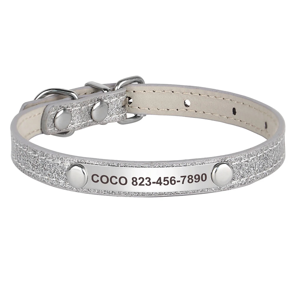 Personalized Cat Collar Custom Leather Cat Collars Free Engraved Puppy Kitten ID Necklace Bling Pet Collars for Small Dogs Cats Pi-Mart