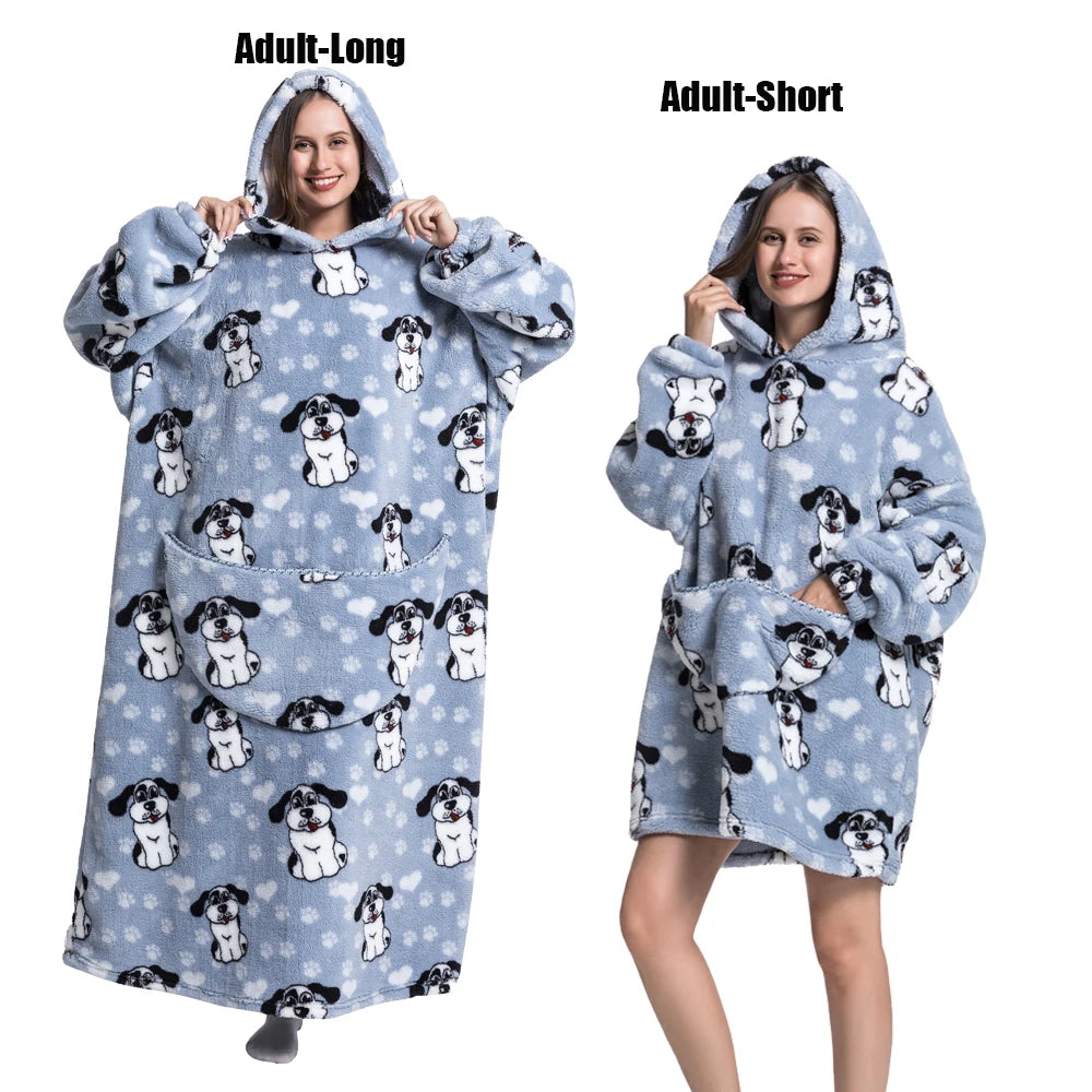 Women Plush Fleece Blanket Men Warm Thick Hoodies Adult Giant TV Blanlets with Sleeves Super Long Cold-proof Homewear Pajamas Pi-Mart