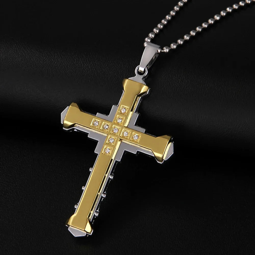 2024 New Male Crystal Cross Jesus Pendant Gold/Black/Blue Color Zirconia Cross Pendant Necklace Stainless Steel Jewelry Pi-Mart