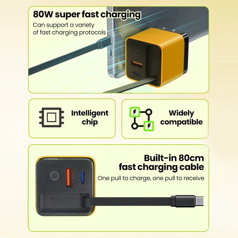 Elough 80W Gallium Nitride Charger Scalable Data Cable for Iphone Huawei A+C Full Protocol Multi Port Charging Head Pi-Mart