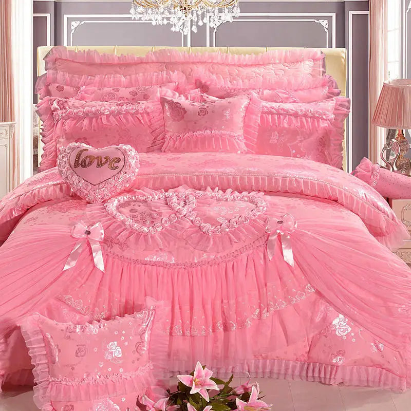 Luxury Wedding Bedding Sets Queen King Size Pink Princess Lace Bedcover Set Jacquard Duvet Cover Bed Sheet Pillowcases LadyShow.Store